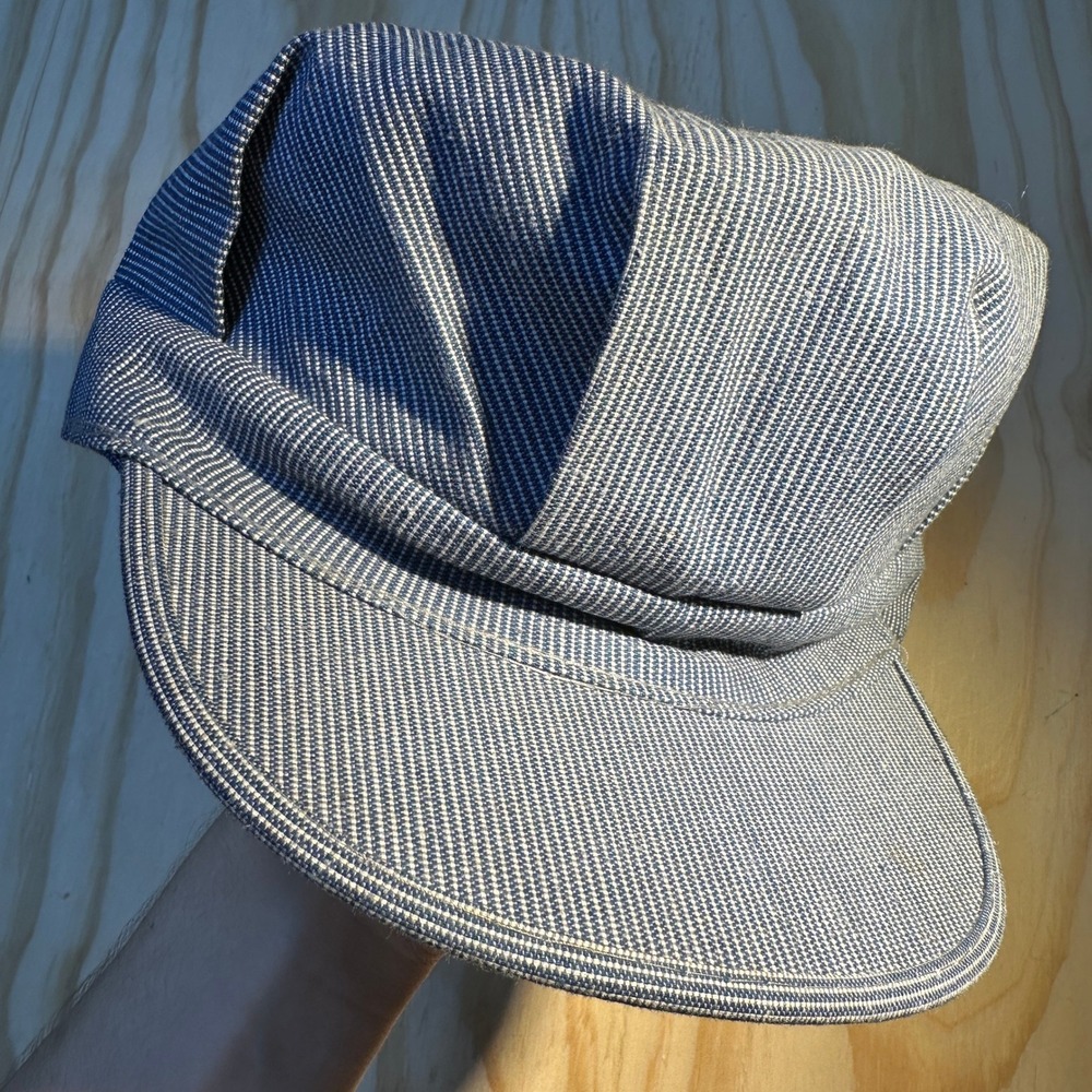 60's Texon Mens Blue Hickory Stripe Engineer Cap Union Made Washable Hat 7 1/4